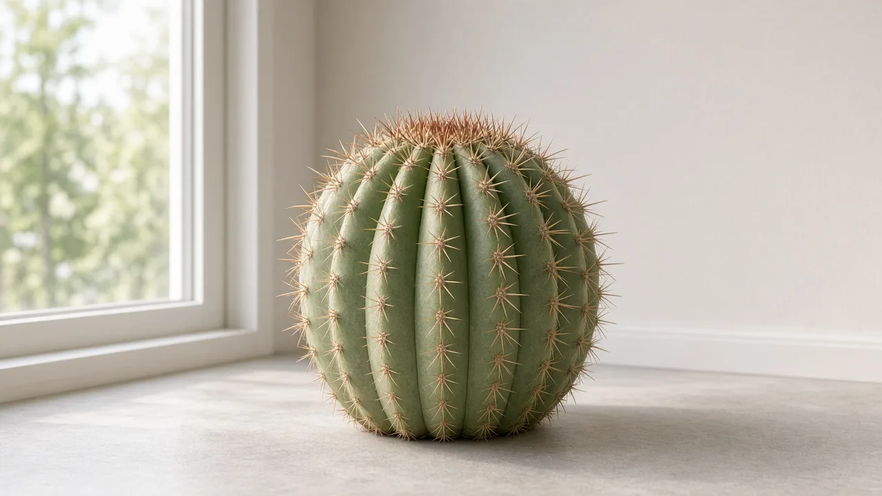 Nitrogen deficiency on Barrel Cactus - dull pale green-gray ribs on ribbed Ferocactus barrel in bright window