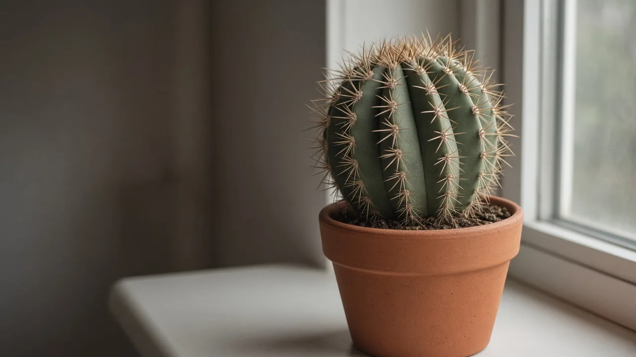 Not enough light on Barrel Cactus - ribbed Ferocactus leaning toward a dim indoor window with stretched rib spacing