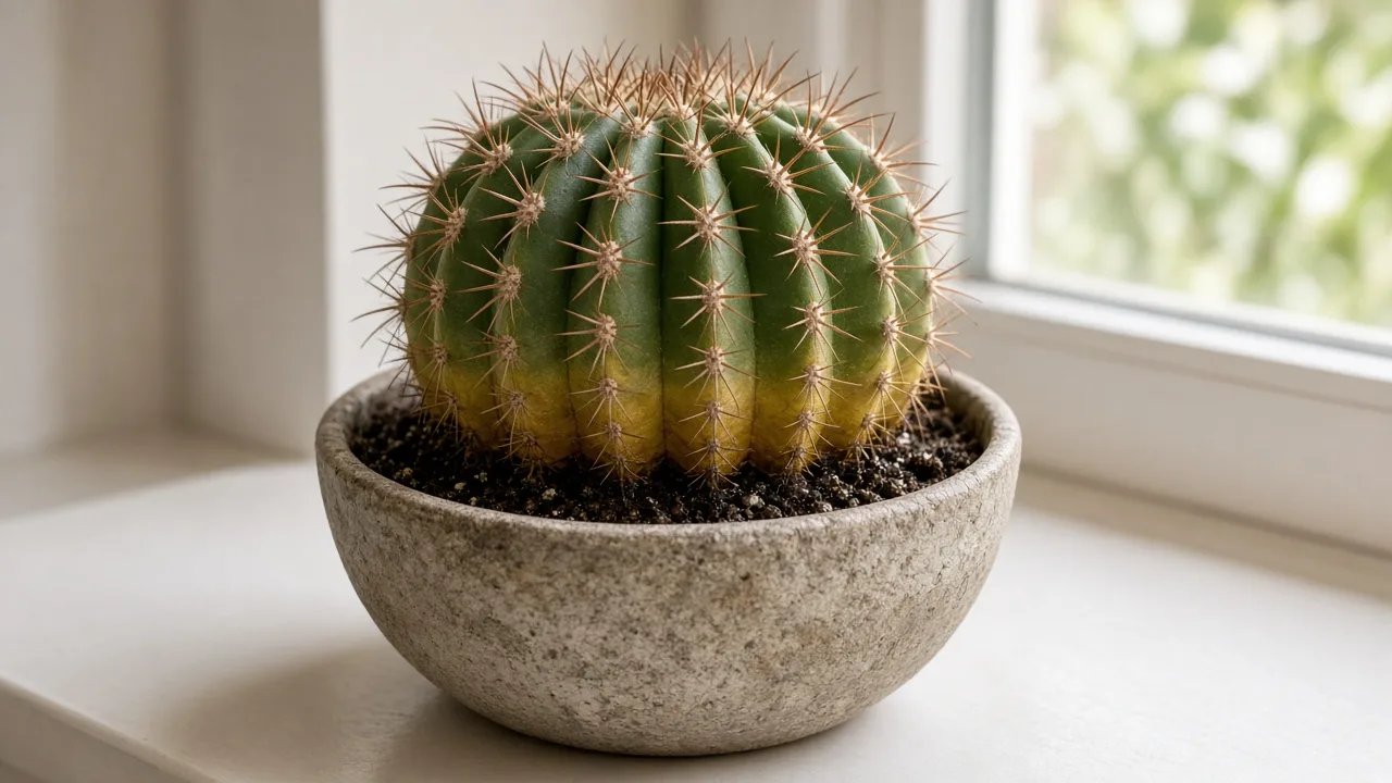 Barrel cactus with yellowing at the base, a possible overwatering symptom