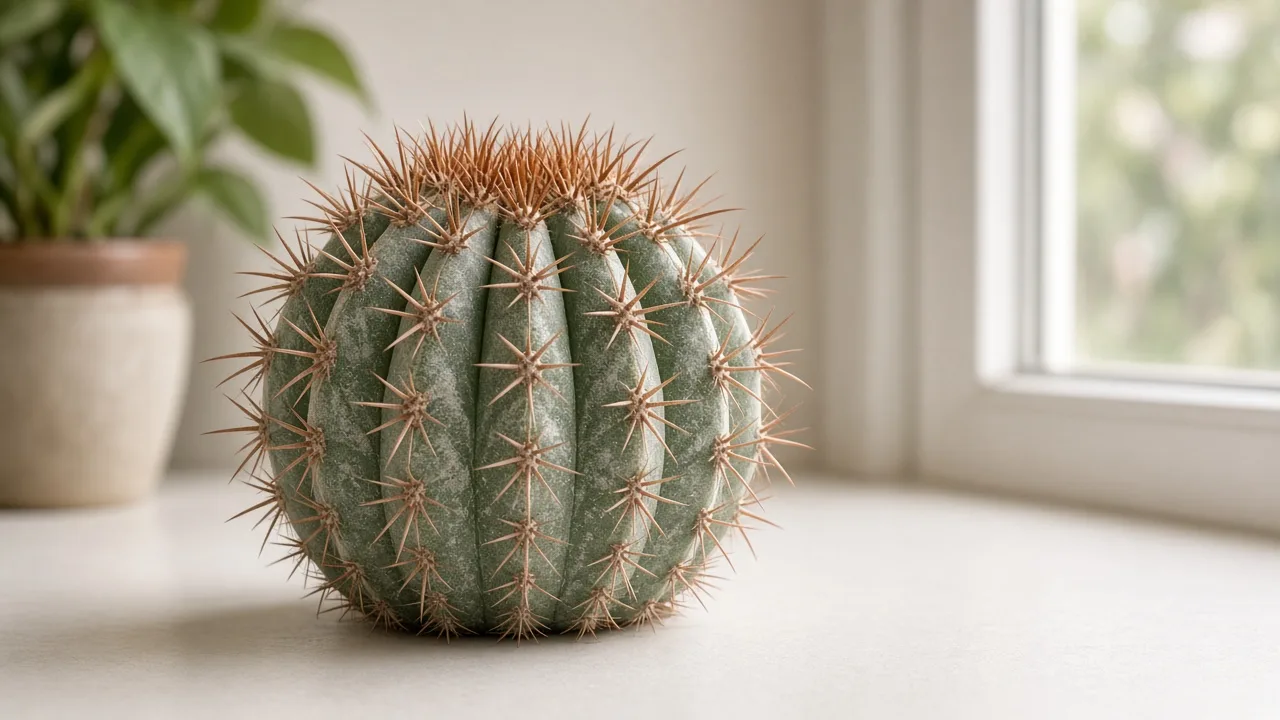 Pale leaves on Barrel Cactus - washed-out chalky gray-green rib skin on ribbed Ferocactus in indoor light