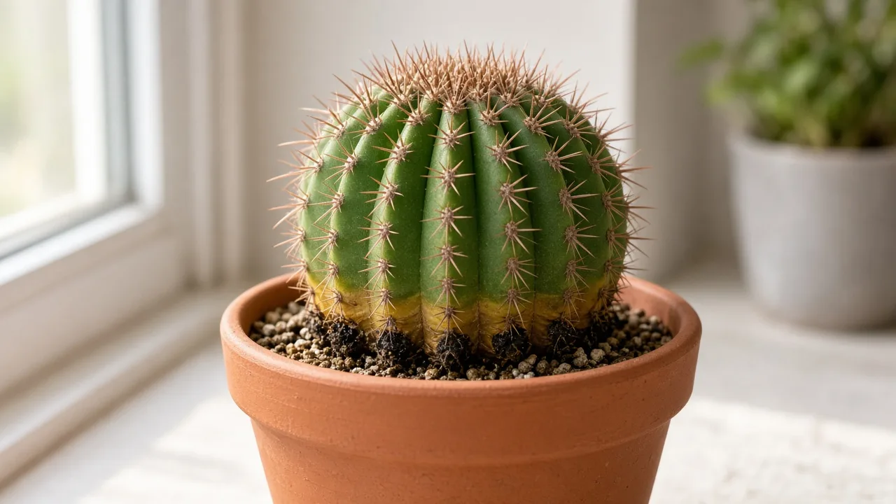 Root rot on Barrel Cactus - ribbed Ferocactus with soft black base and damp mineral mix at soil line