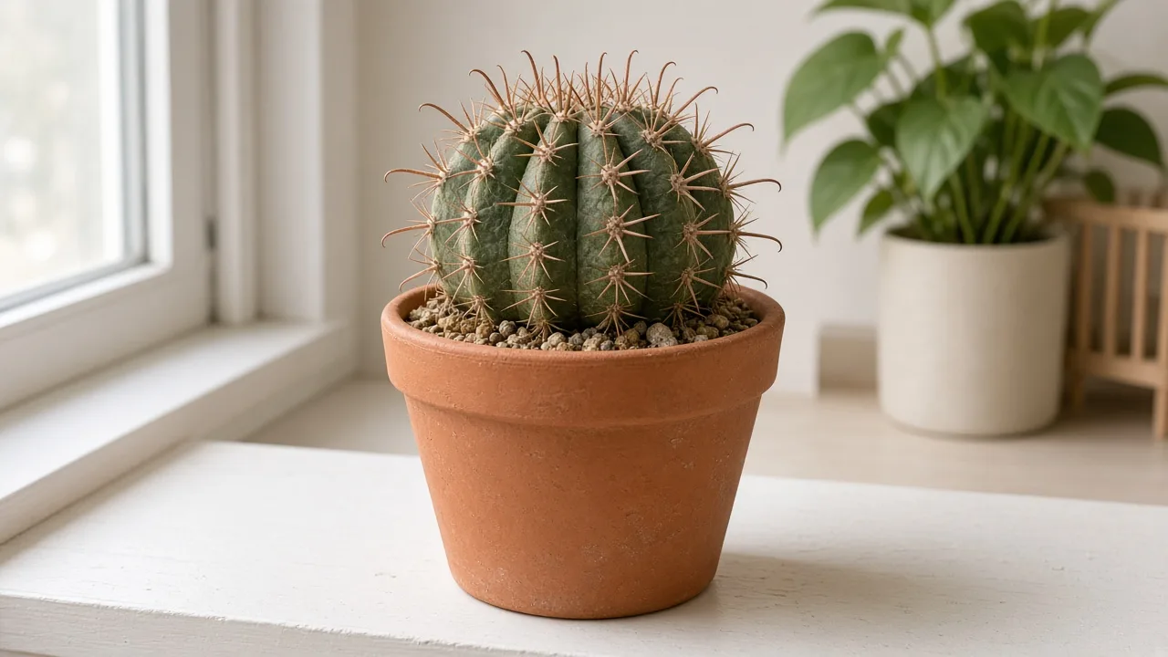 Wilting on Barrel Cactus - deflated ribbed Ferocactus stem slumping slightly in a clay pot with dull skin between spines