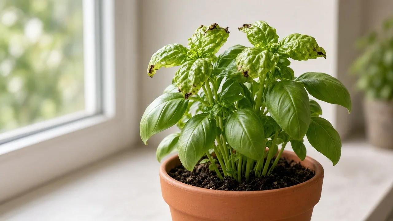 Calcium deficiency on basil - distorted new top leaves after pinching