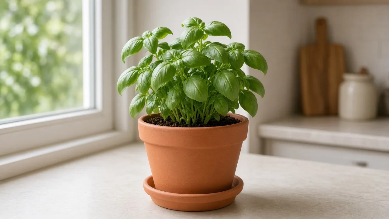 Curling leaves on Basil - cupped harvest-tip foliage on a potted sweet basil plant