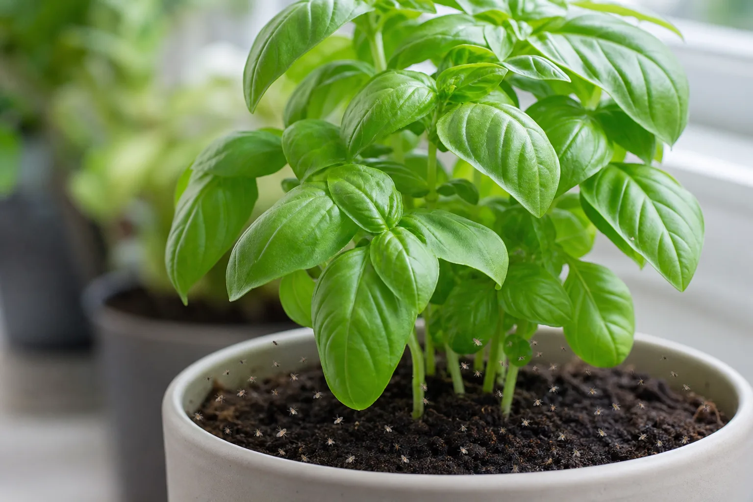 Fungus Gnats on Basil - visible symptom on the plant