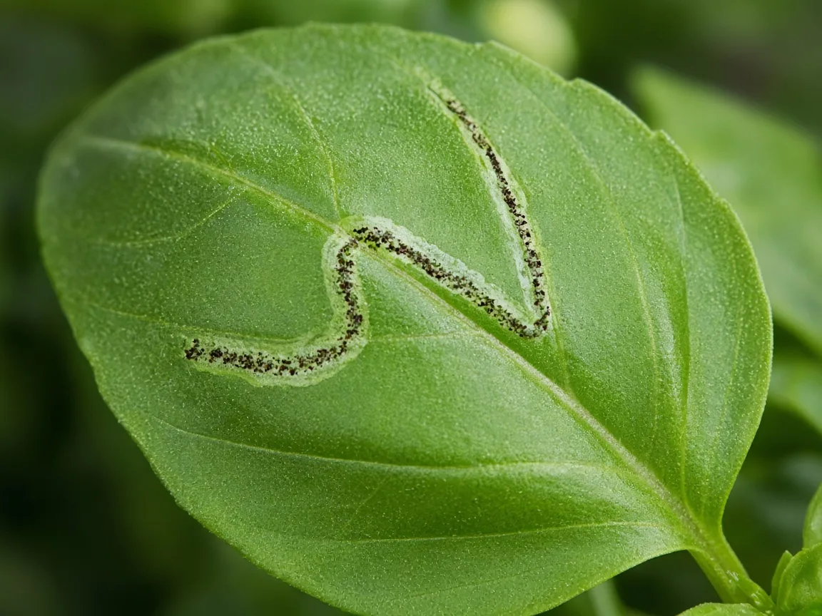 Pale serpentine leafminer tunnel with dark frass visible inside a basil leaf