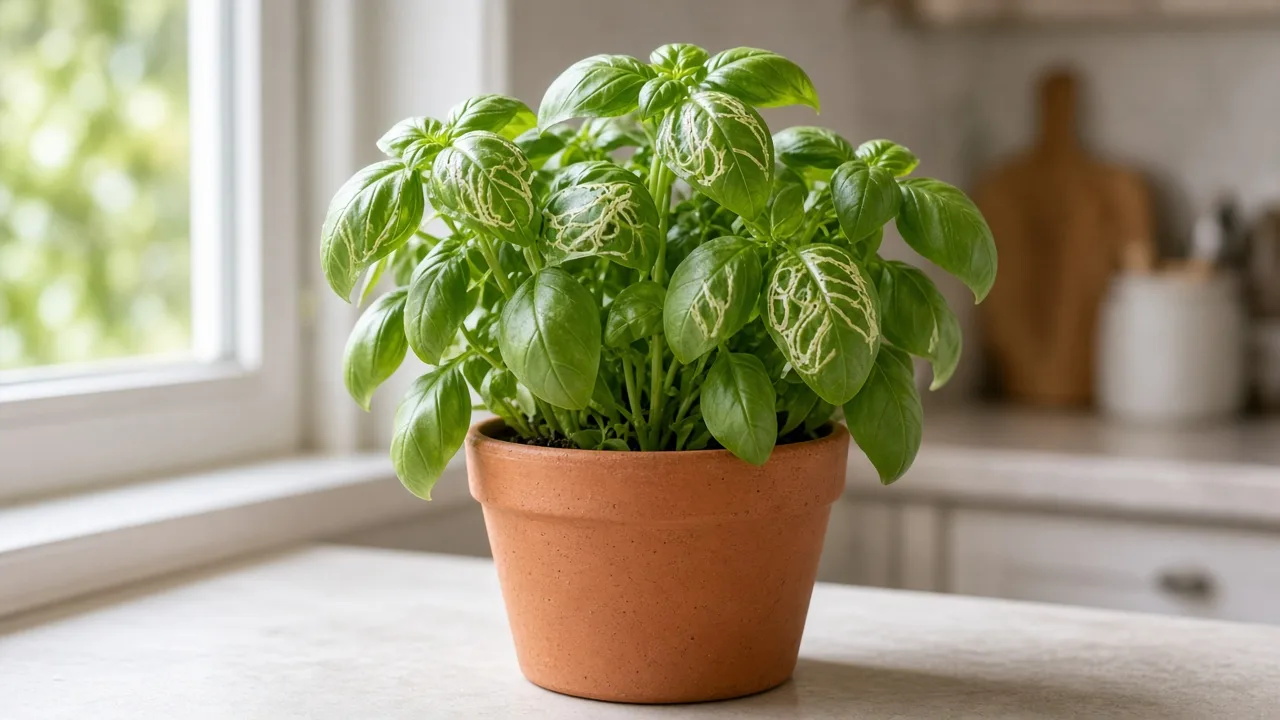 Pale leafminer trails across the leaves of a healthy basil plant