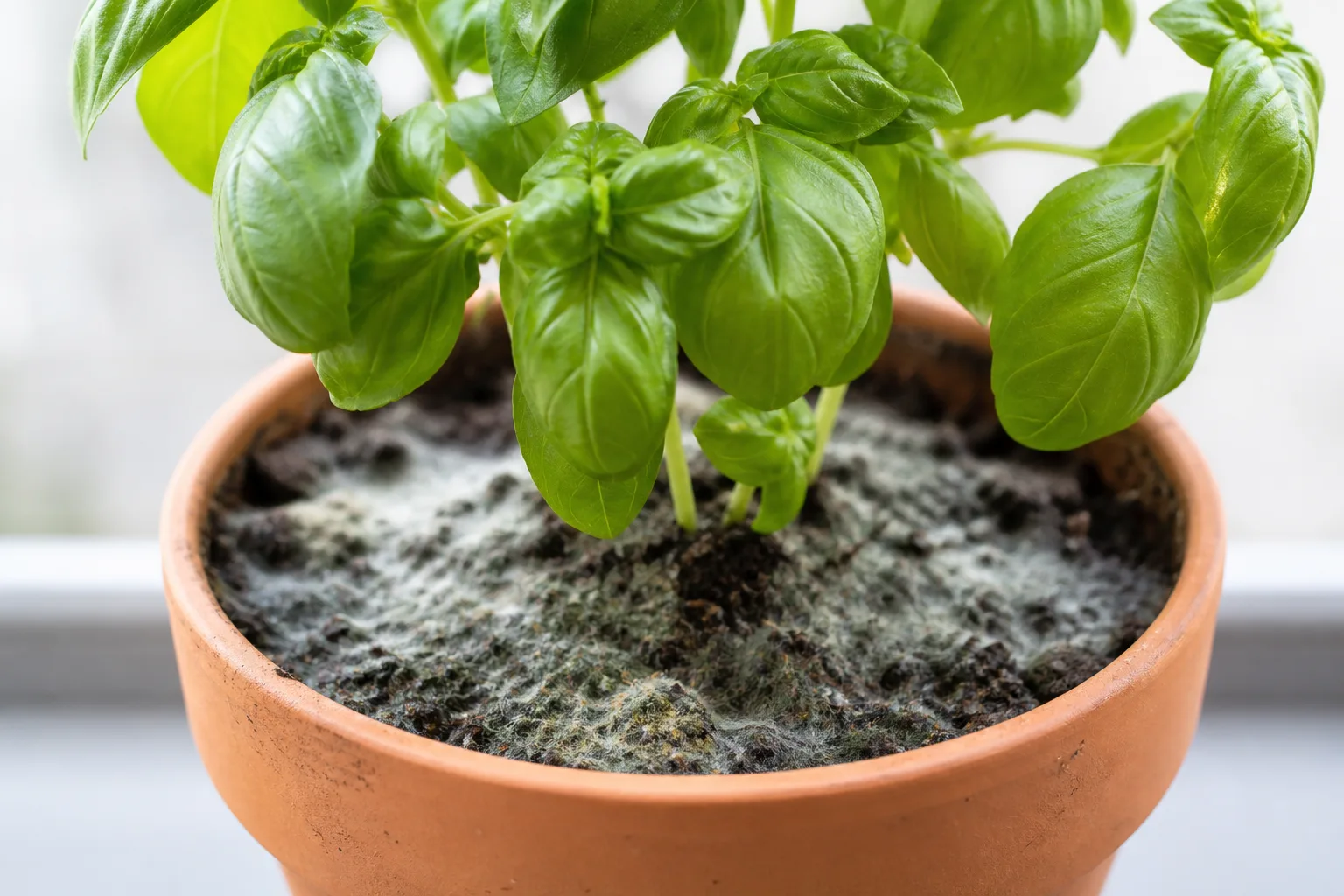 Mold on Soil on Basil - visible symptom on the plant