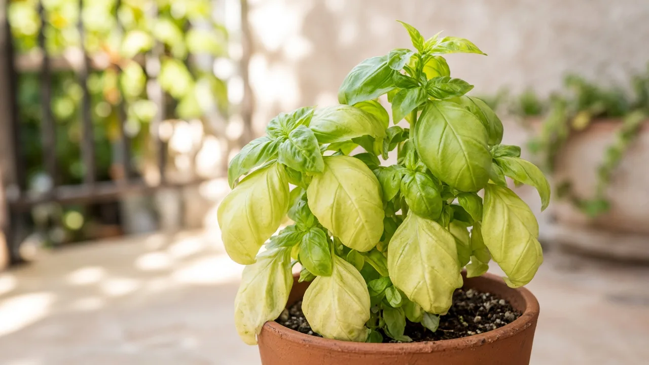 Basil leaves showing yellowing associated with nitrogen deficiency.