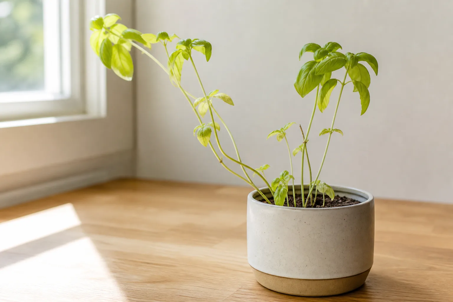 Not Enough Light on Basil - visible symptom on the plant