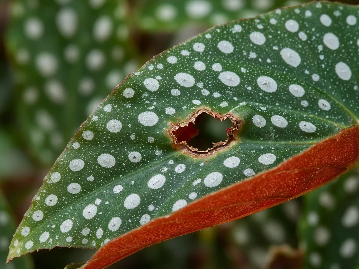 Close-up of hole with brown rim on Begonia Maculata angel-wing leaf