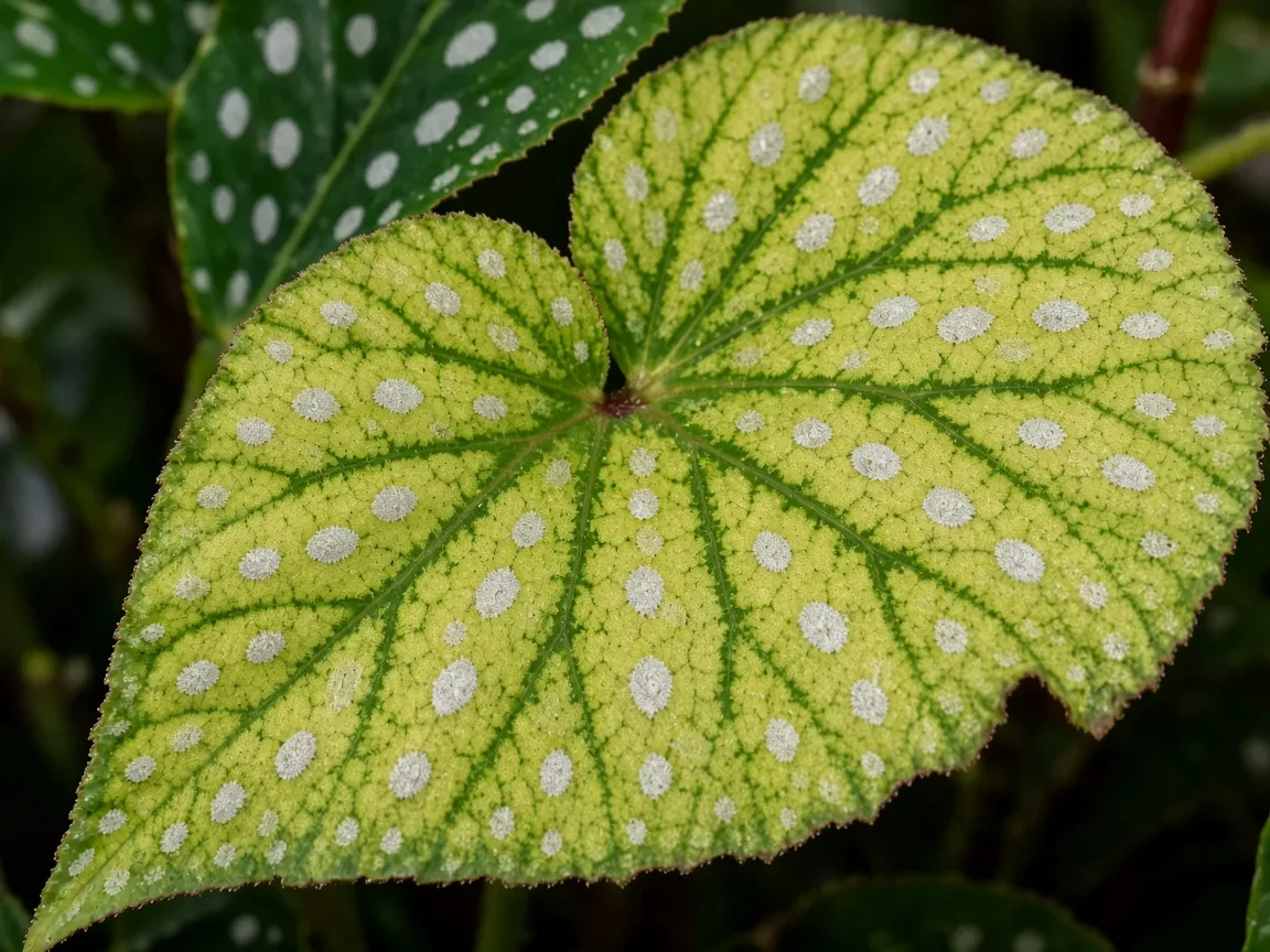 Close-up of interveinal chlorosis on new Begonia Maculata spotted angel-wing leaf