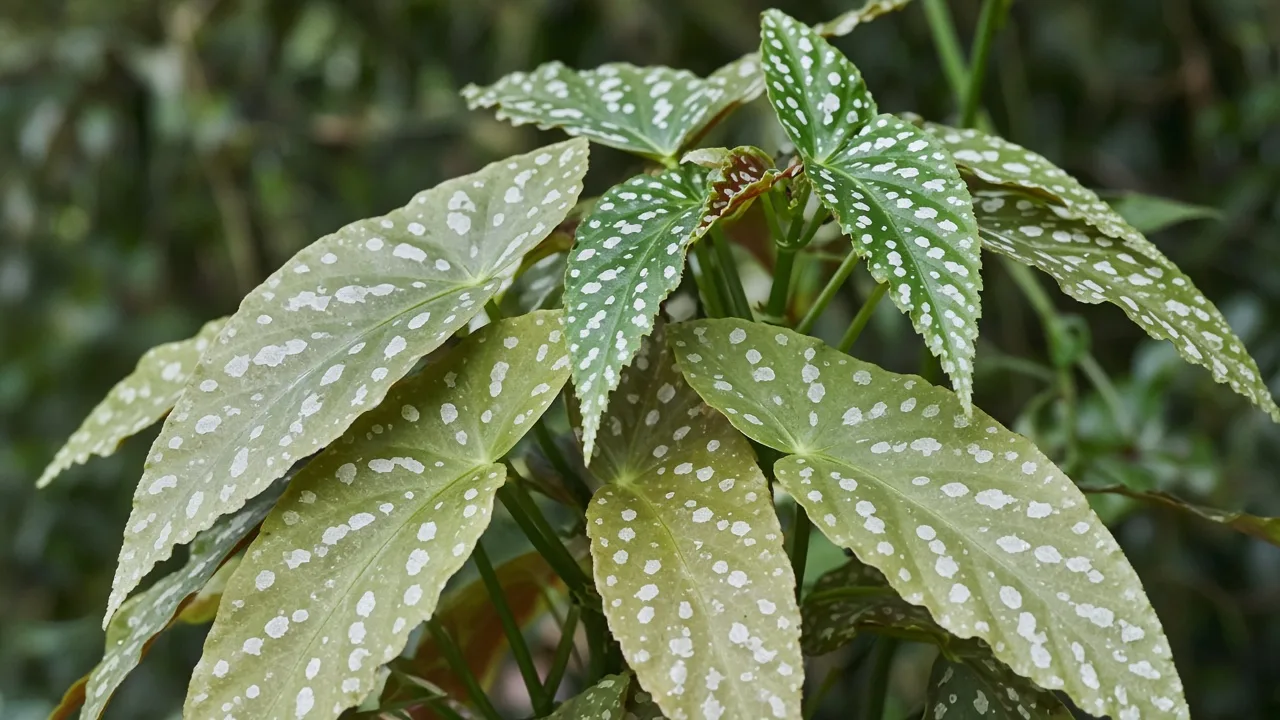 Nitrogen deficiency on begonia maculata - faded silver spots on pale lower angel-wing leaf