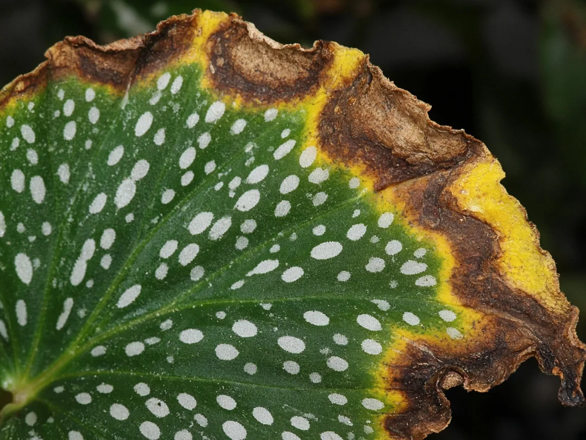 Close-up of potassium deficiency on begonia maculata - scorched wing margins