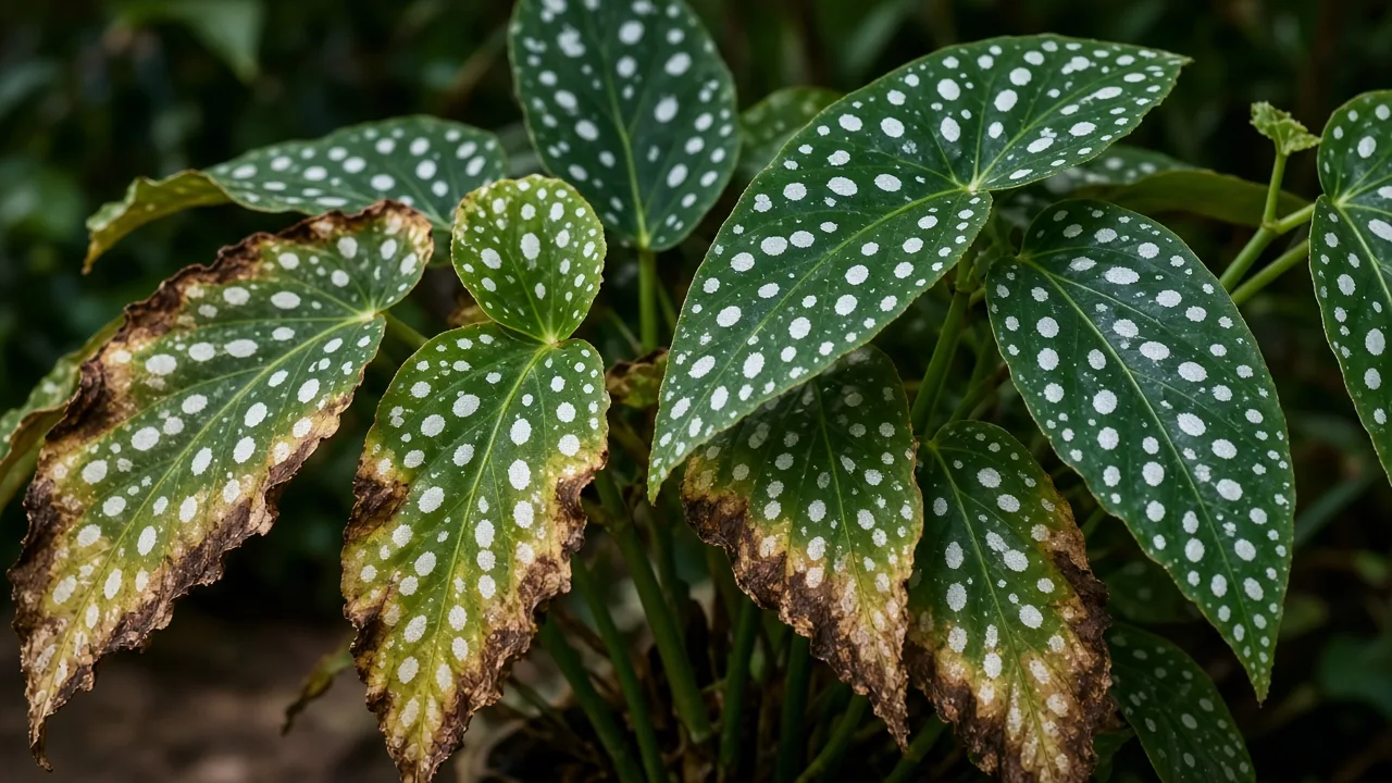 Potassium deficiency on begonia maculata - scorched margins on angel-wing leaf