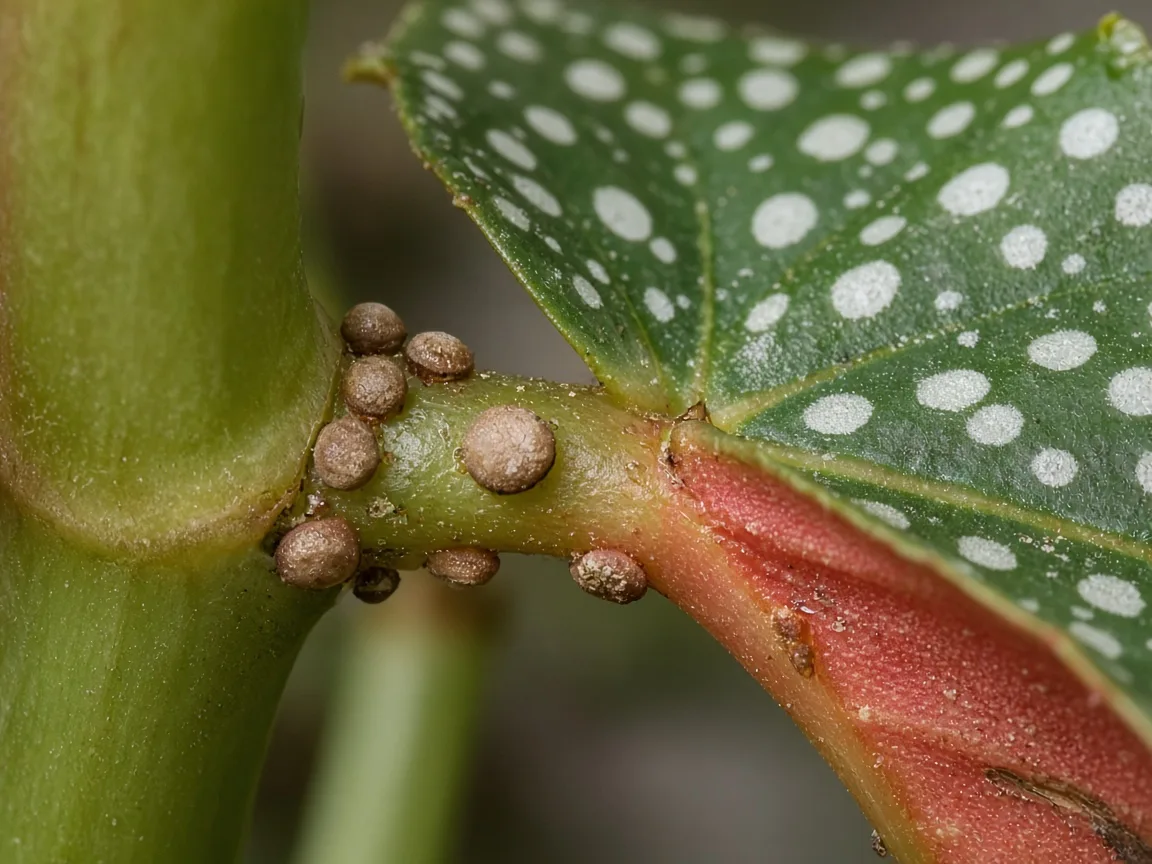 Close-up of scale insect bumps on Begonia Maculata cane stem nodes and red leaf undersides