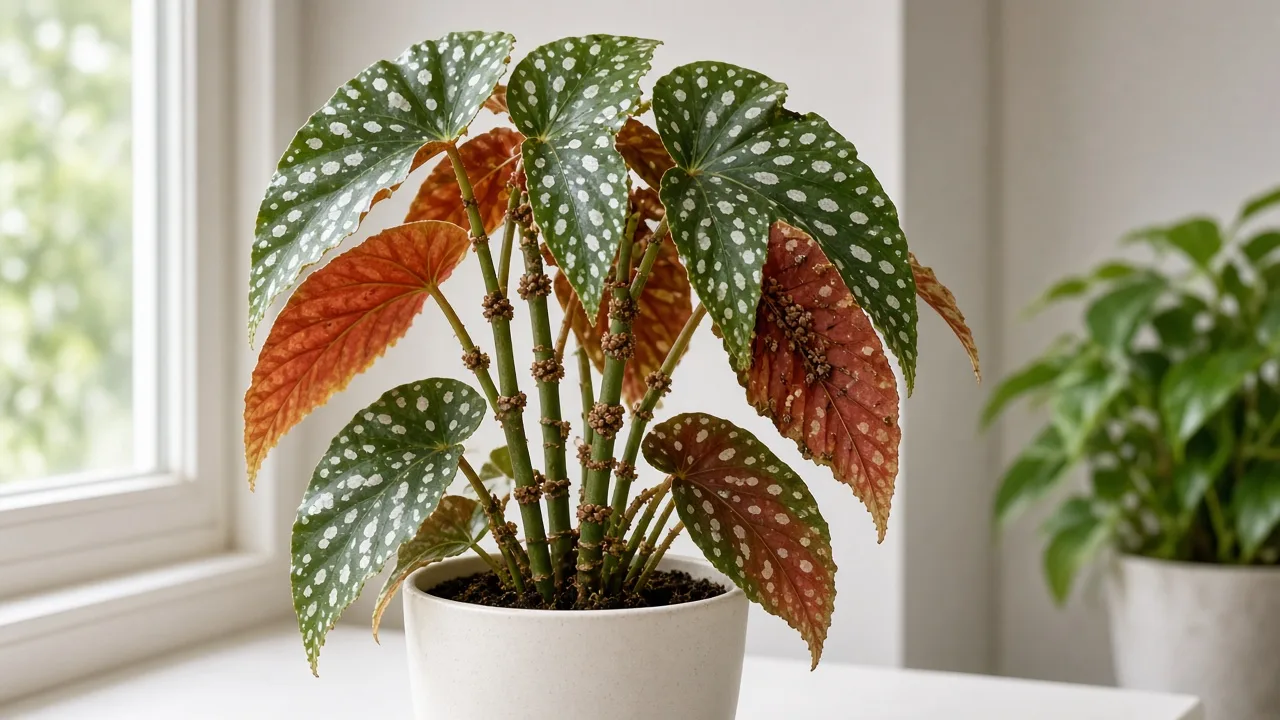 Scale insects on Begonia Maculata - tan bumps on cane stem nodes and red leaf undersides