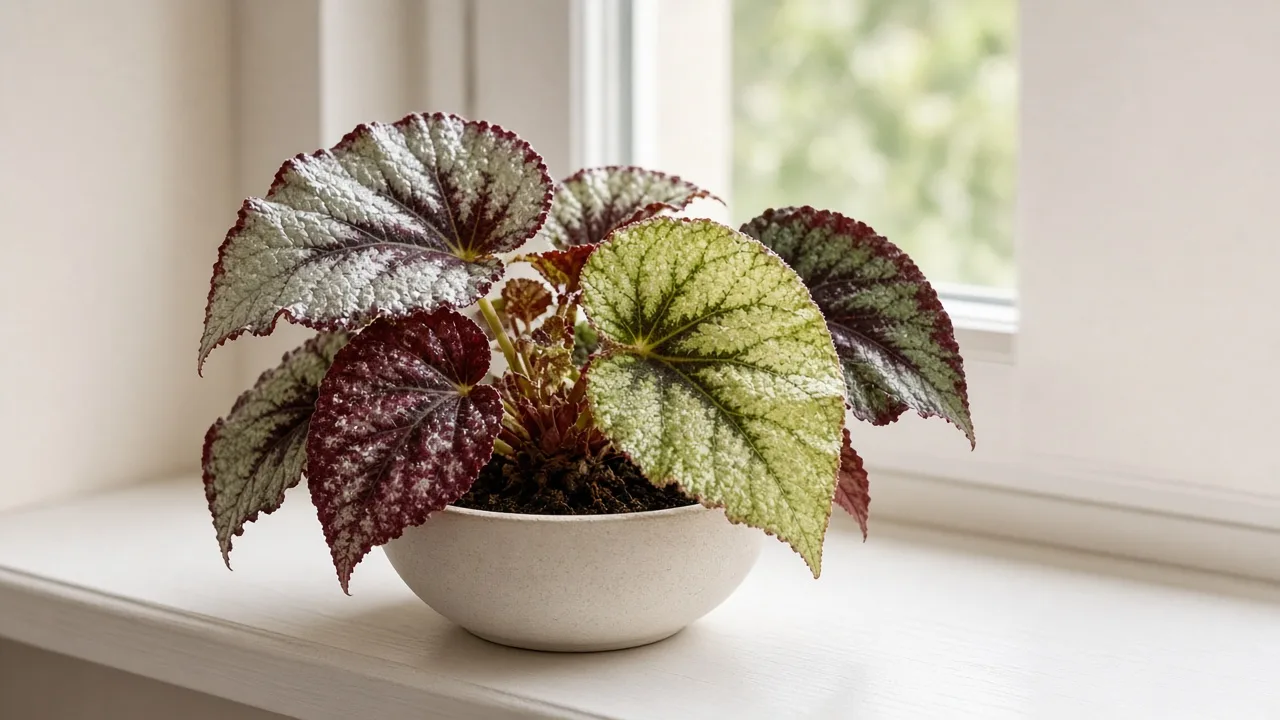 Iron deficiency on Begonia Rex - pale new painted leaf with green veins at rhizome crown on colorful rex foliage