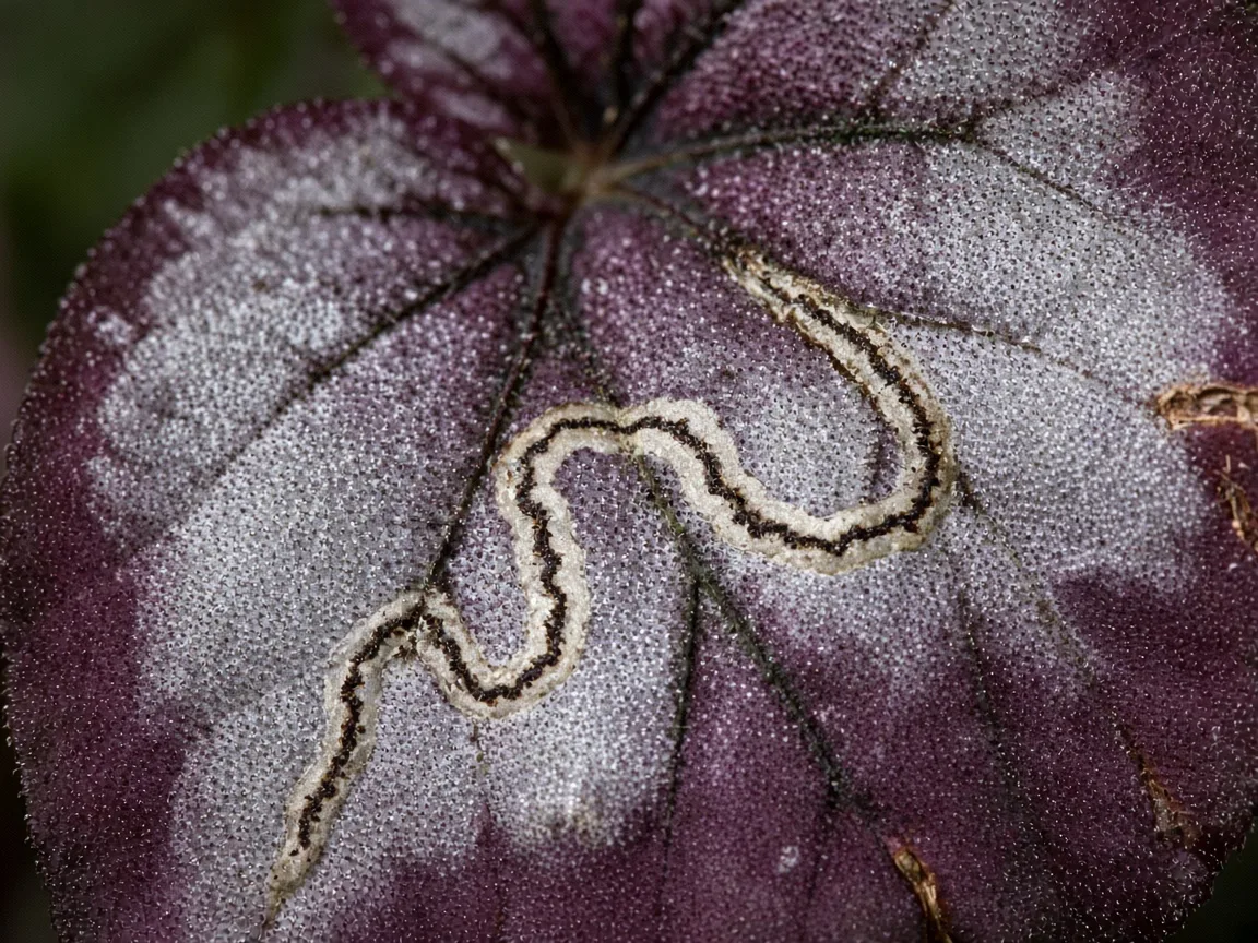 Close-up of a pale serpentine leaf miner tunnel inside a painted Begonia Rex leaf with purple and silver variegation