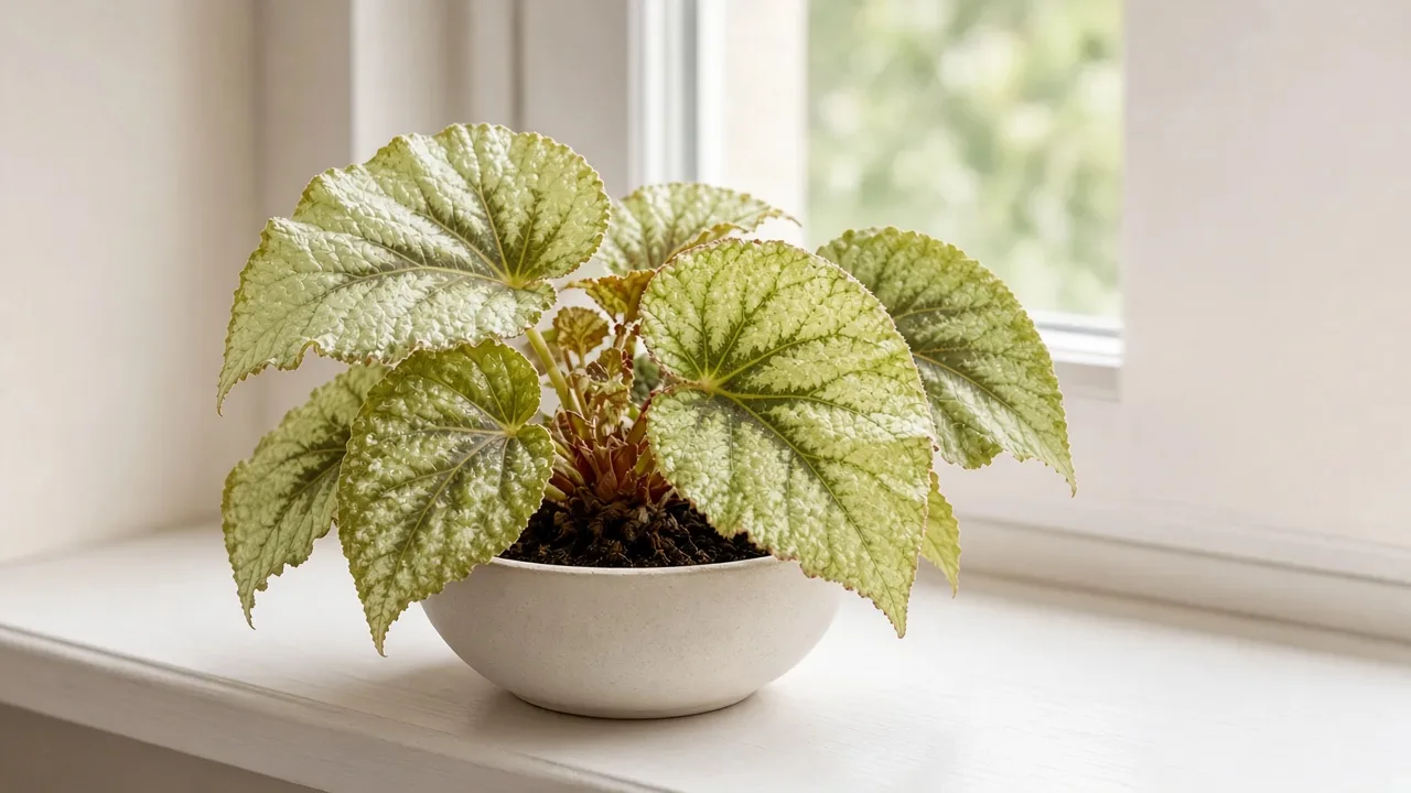 Nitrogen deficiency on Begonia Rex - oldest outer painted rex leaves uniformly pale yellow-green above a colorful rhizome crown