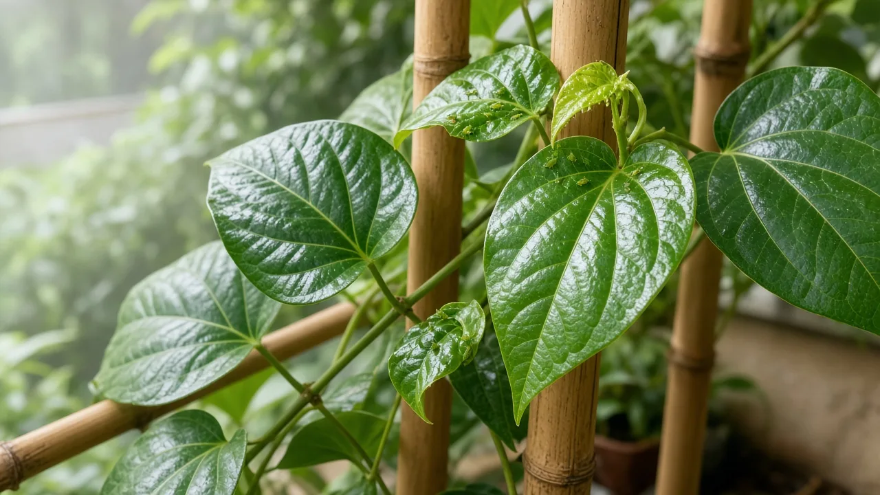 Aphids on Betel Leaf - soft insect clusters on new vine tips and glossy leaf undersides