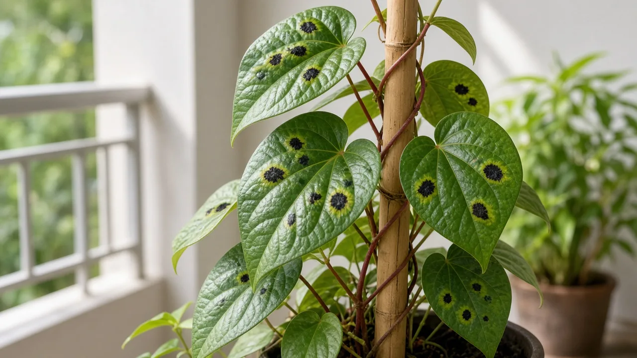 Black Spots on Betel Leaf - anthracnose lesions on glossy paan vine leaves
