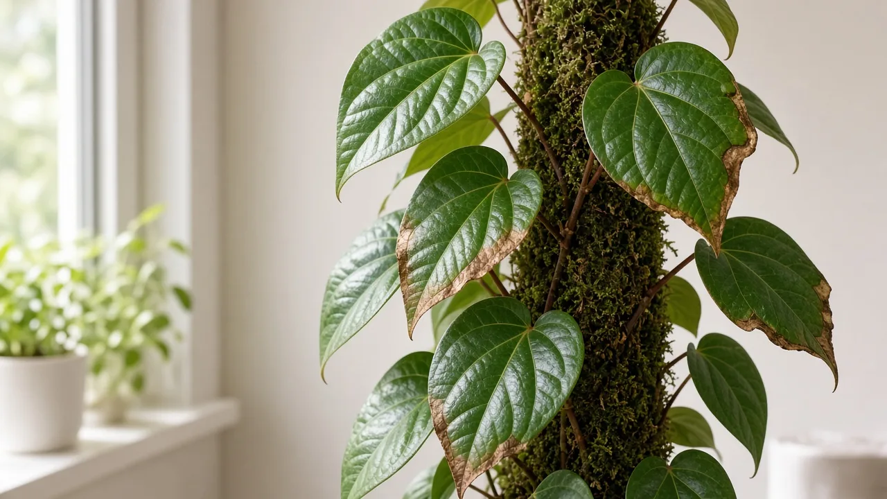Brown leaves on Betel Leaf vine - necrotic margins on glossy heart-shaped foliage