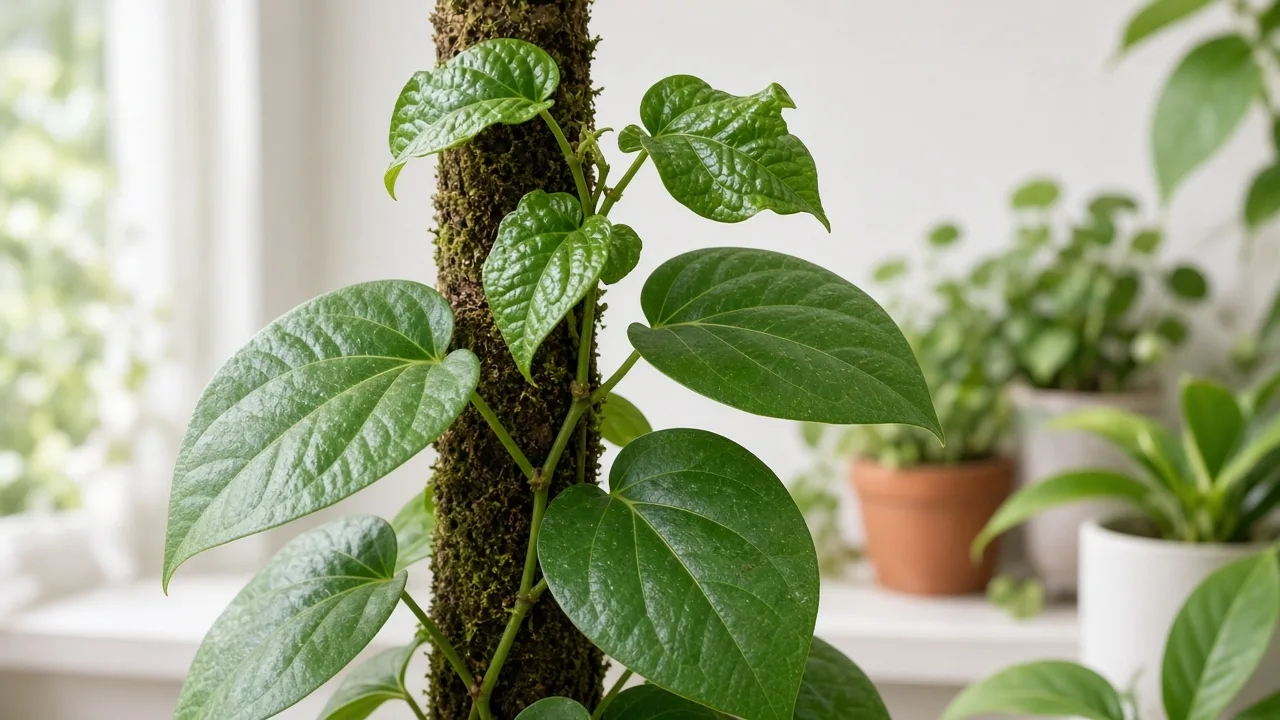 Distorted leaves on Betel Leaf - twisted glossy heart-shaped foliage on climbing paan vine