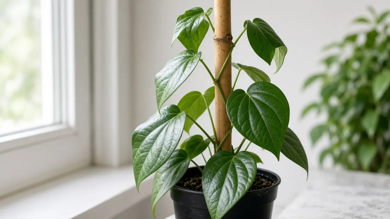 Drooping leaves on Betel Leaf - glossy heart-shaped paan foliage hanging limp on a supported vine