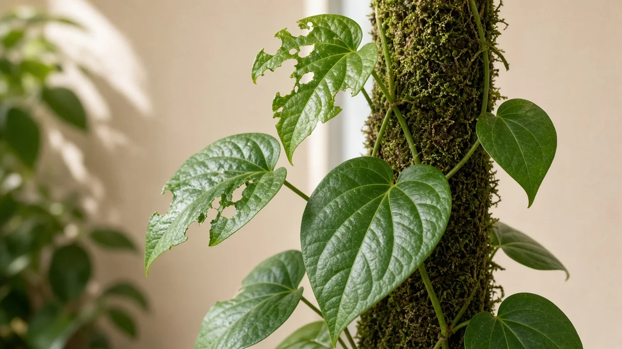 Holes in leaves on Betel Leaf - irregular chew damage on glossy heart-shaped paan vine foliage