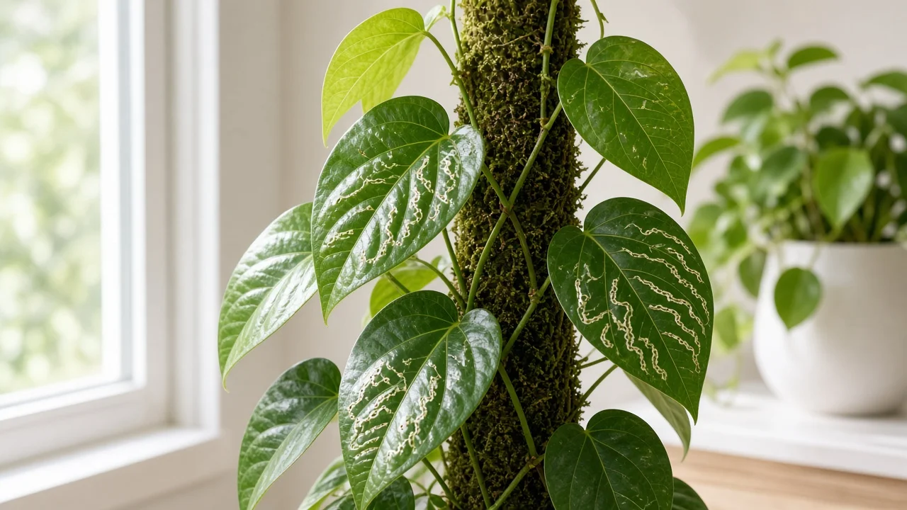 Leaf miners on Betel Leaf - pale serpentine tunnels on glossy heart-shaped paan vine foliage