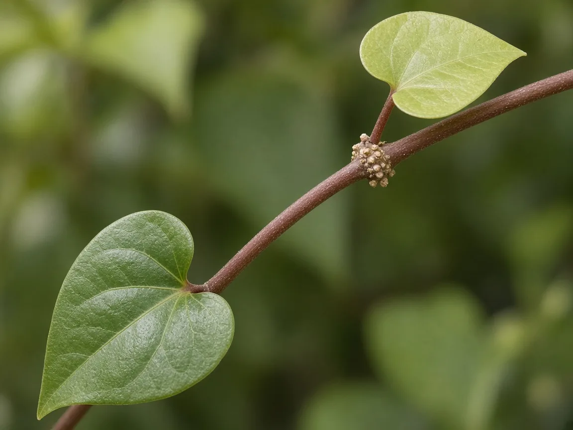 Close-up of long internode gap between small heart-shaped Betel Leaf leaves on a reddish vine stem