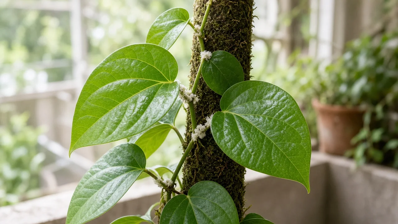 Mealybugs on Betel Leaf - white cottony clusters in leaf axils along a climbing vine