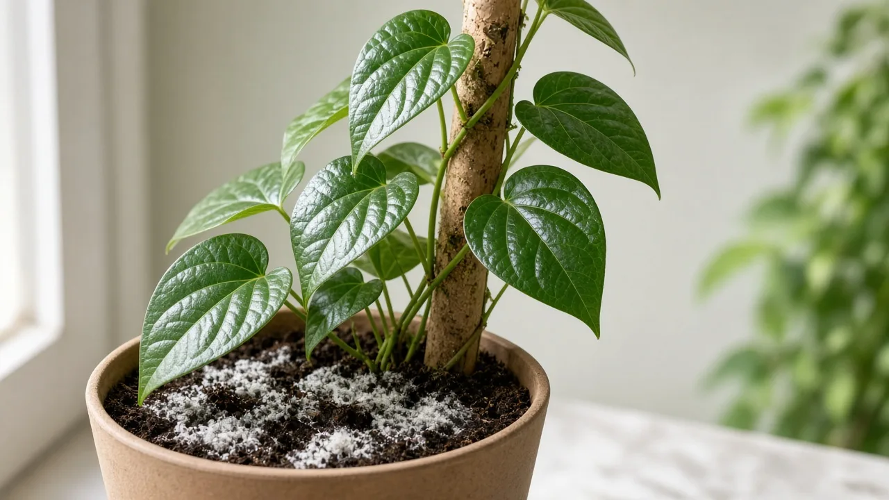 Mold on soil on Betel Leaf - white fuzzy growth on moist compost-rich mix at the base of a supported Piper betle vine