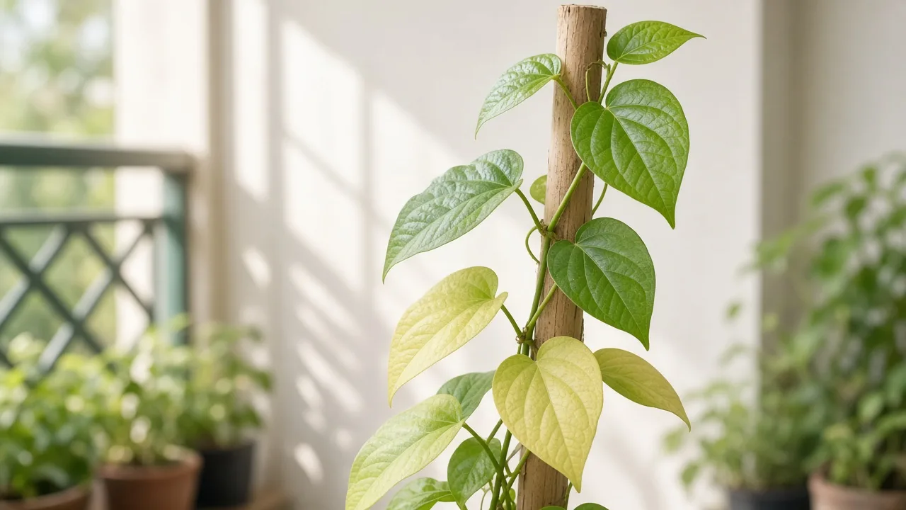 Nitrogen deficiency on Betel Leaf - oldest heart-shaped paan vine leaves uniformly pale yellow-green along the basal stem