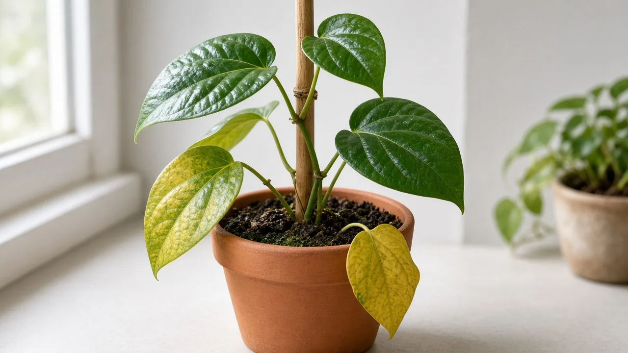 Overwatering on Betel Leaf - glossy paan vine with yellowing lower leaves in a heavy wet pot under filtered shade