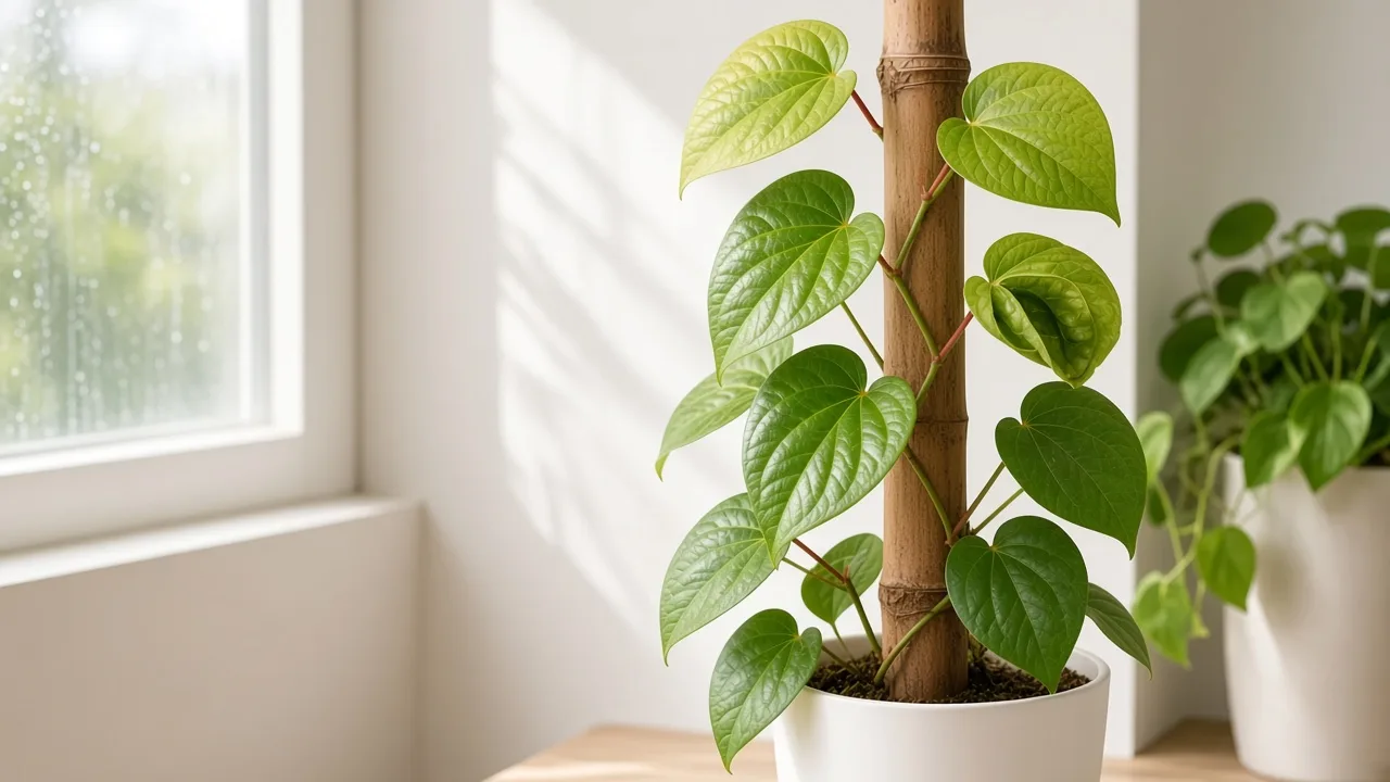 Pale leaves on Betel Leaf vine — washed-out yellow-green heart-shaped foliage on a supported climber