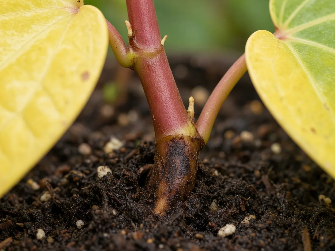 Close-up of soft dark collar tissue at soil line on Betel Leaf vine
