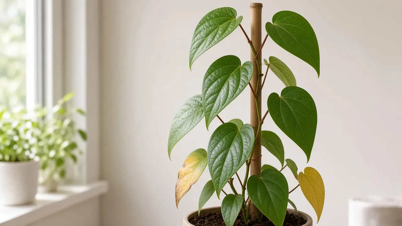 Root rot on Betel Leaf - limp yellow lower leaves on wet mix with vine trained on a support