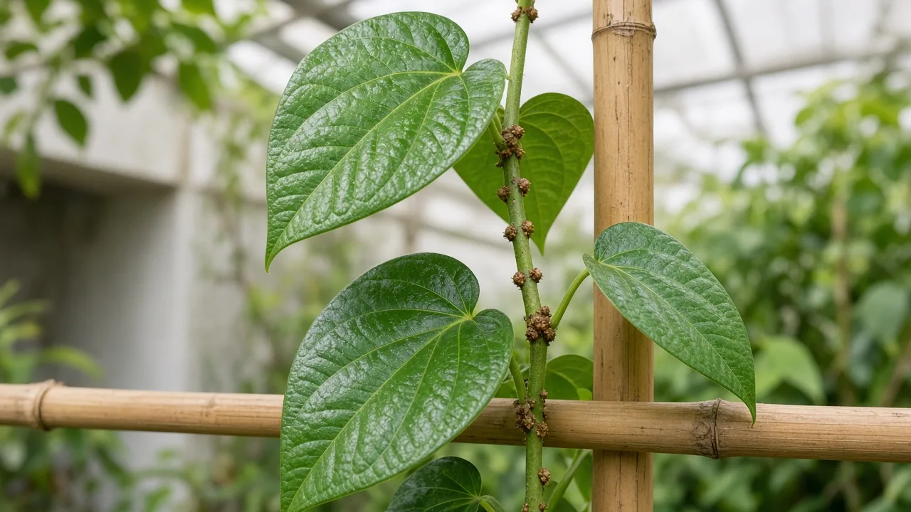 Scale insects on Betel Leaf - tan bumps on climbing vine nodes and glossy leaf axils
