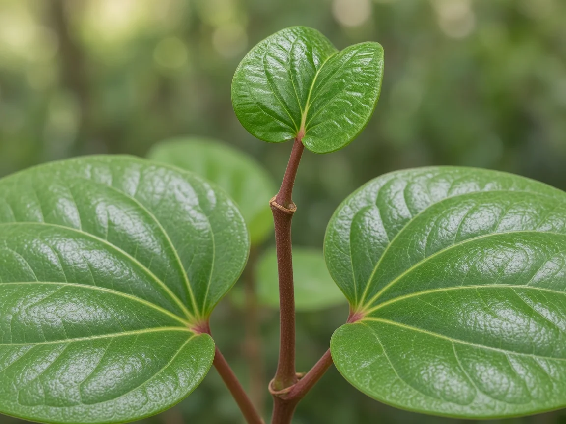 Close-up of betel vine stem with very short internodes and a small stalled tip leaf