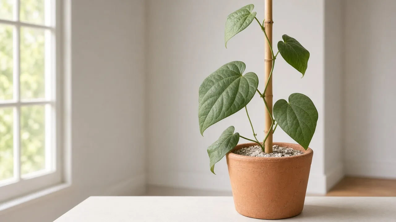 Underwatering on Betel Leaf - dull limp heart-shaped paan leaves on a light dry pot by a shaded east window
