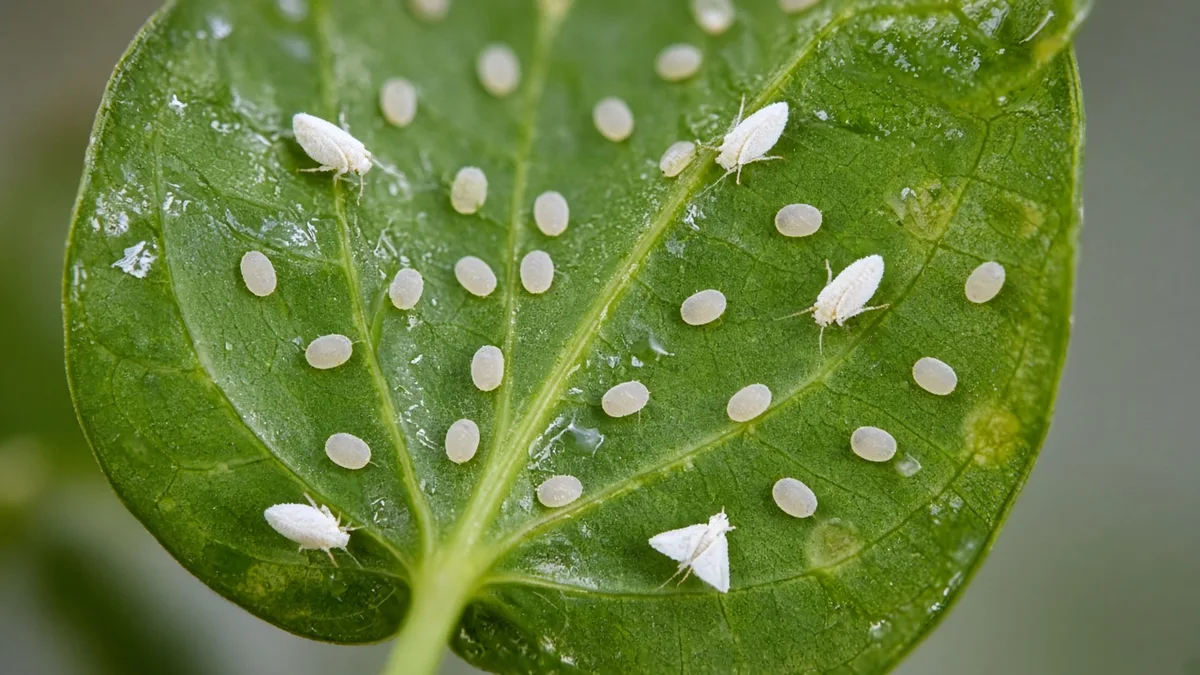 Close-up of whitefly nymph disks on the underside of a betel leaf