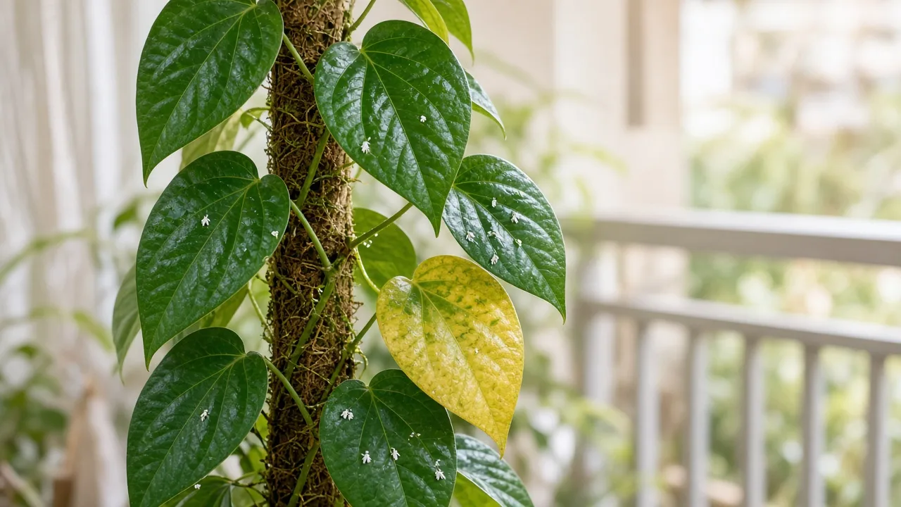 Whiteflies on Betel Leaf - tiny white insects on glossy leaf undersides along a climbing paan vine on a trellis