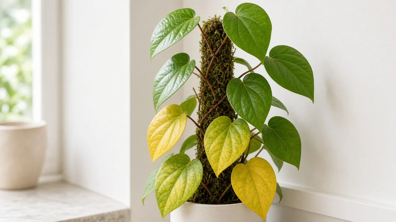 Yellow leaves on Betel Leaf — paan vine with yellowing lower heart-shaped foliage on a moss pole in filtered light