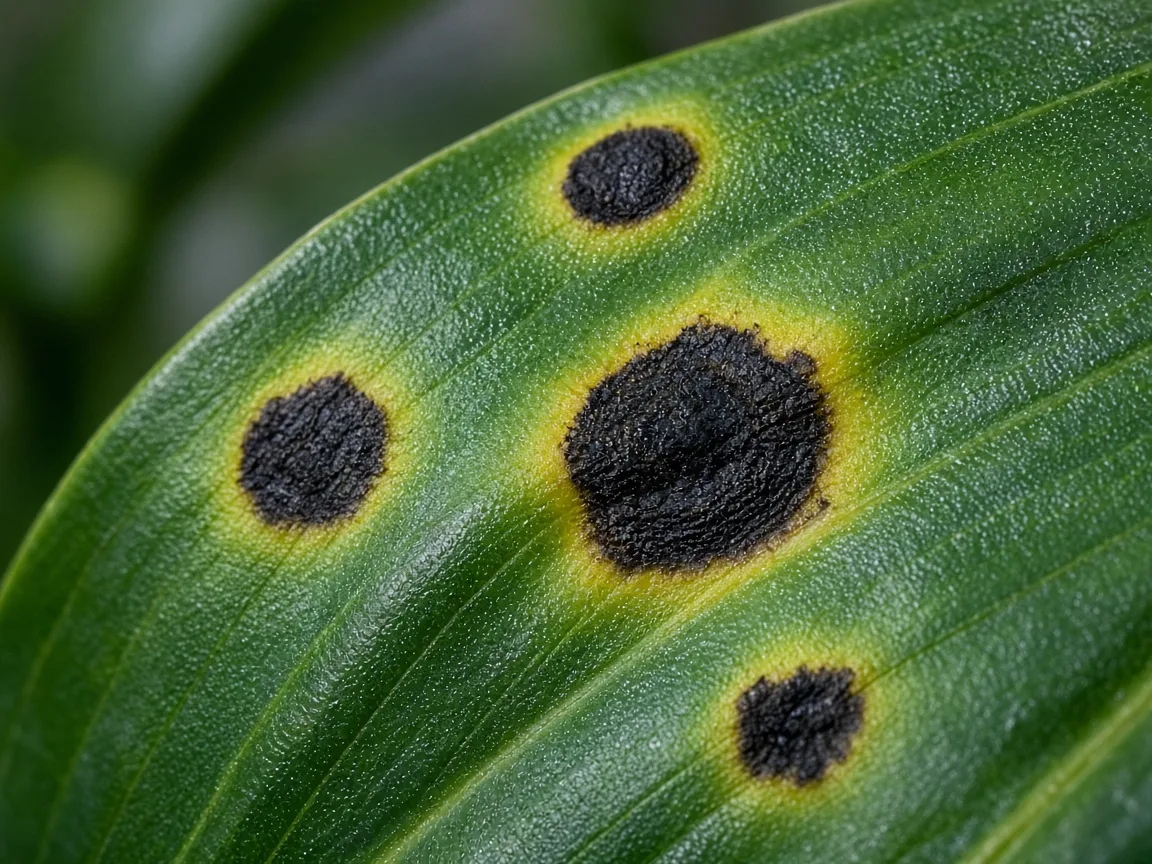 Close-up of black spot lesions on Bird of Paradise paddle leaf - yellow halos on glossy blade