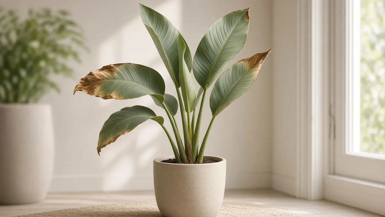 Brown Leaves on Bird of Paradise - browned paddle leaves on a clumping Strelitzia