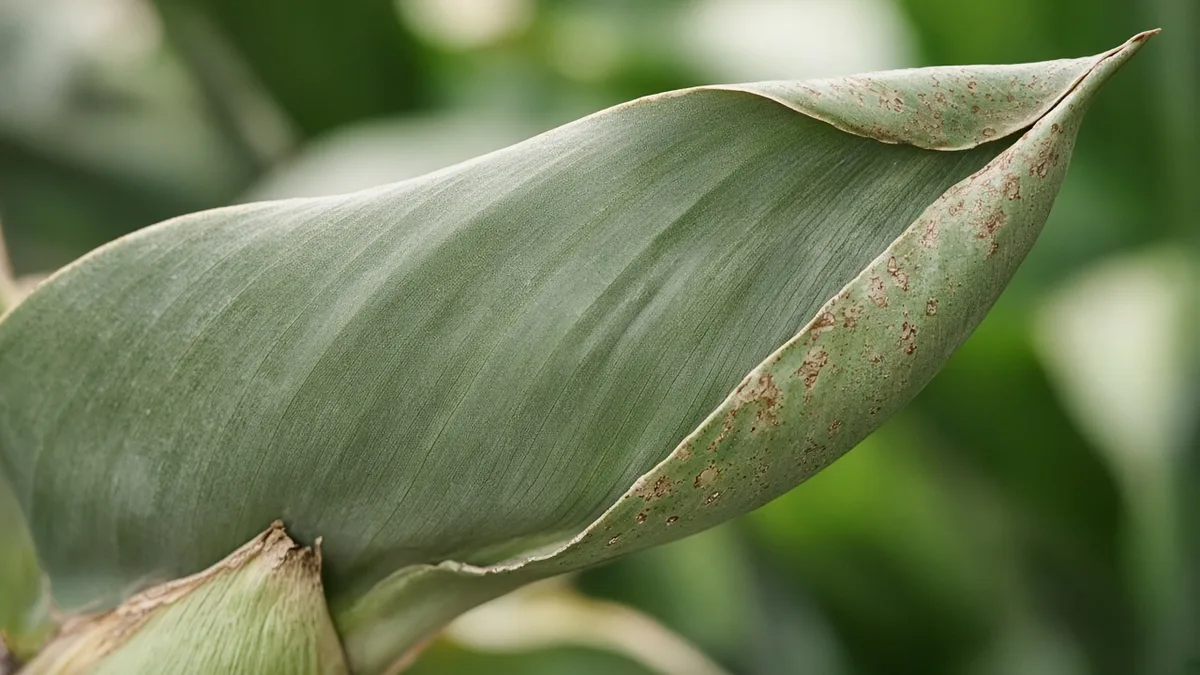 Close-up of cupped margin-burned new Bird of Paradise paddle leaf