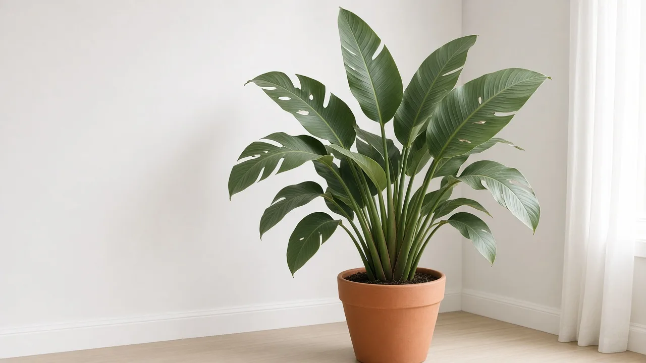 Holes in leaves on Bird of Paradise - irregular chew damage on gray-green paddle-shaped Strelitzia foliage