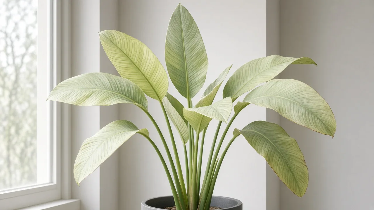 Pale leaves on Bird of Paradise — washed-out yellow-green paddle foliage on a clumping indoor plant